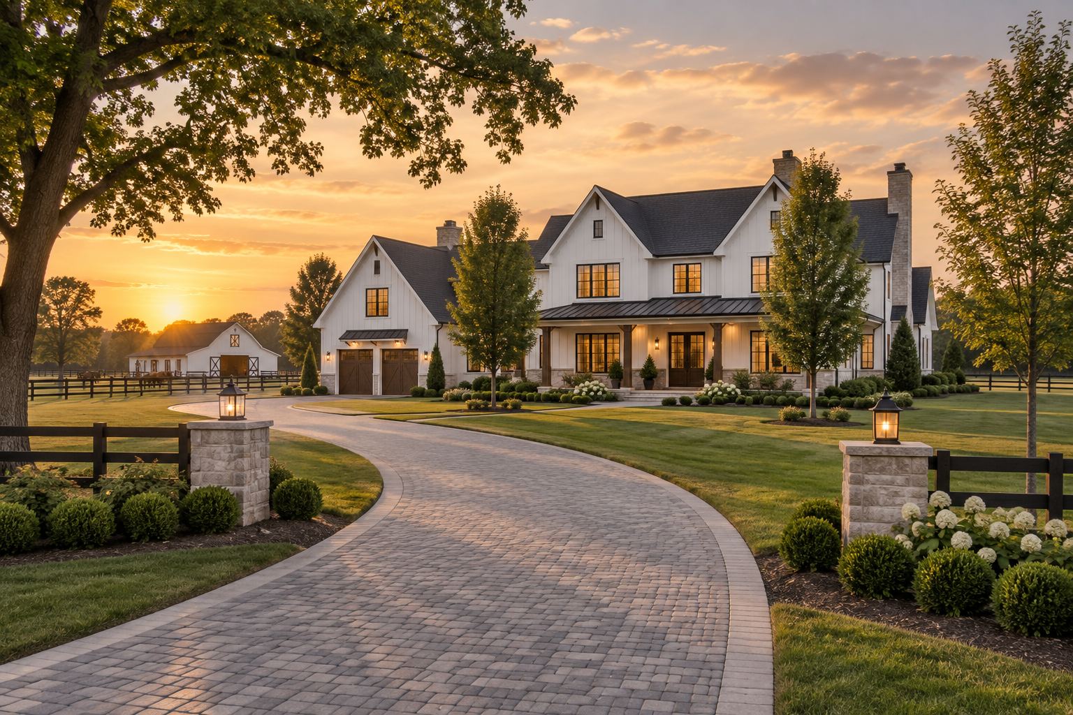 A western Chicago suburb neighborhood street at golden hour, illustrative