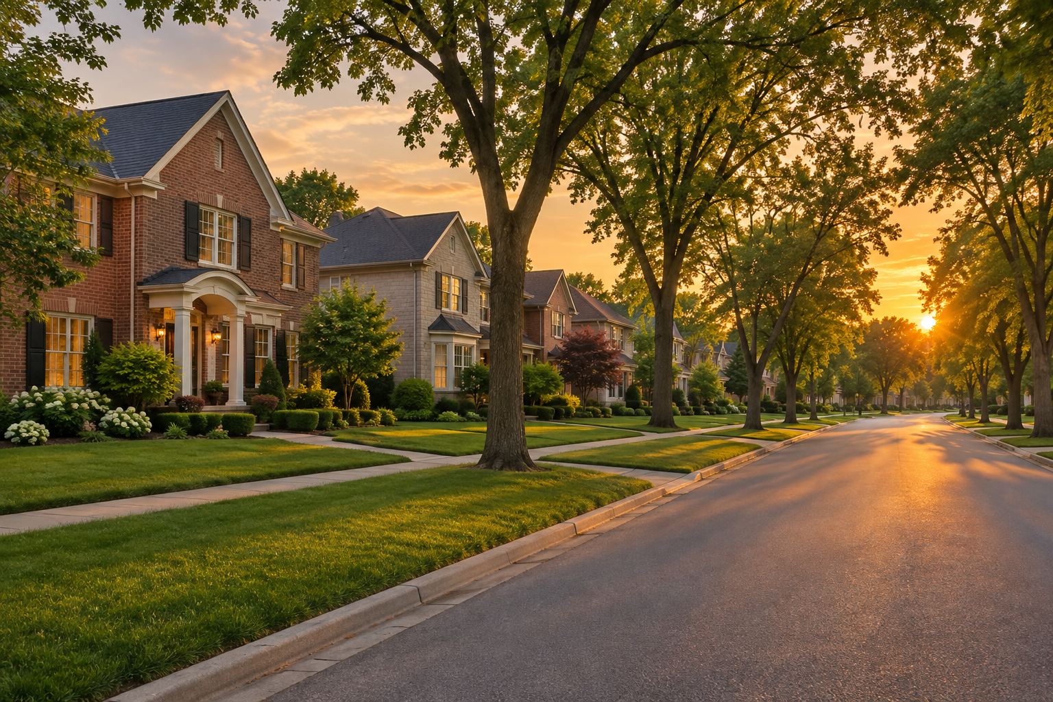 A western Chicago suburb street at sunset, illustrative