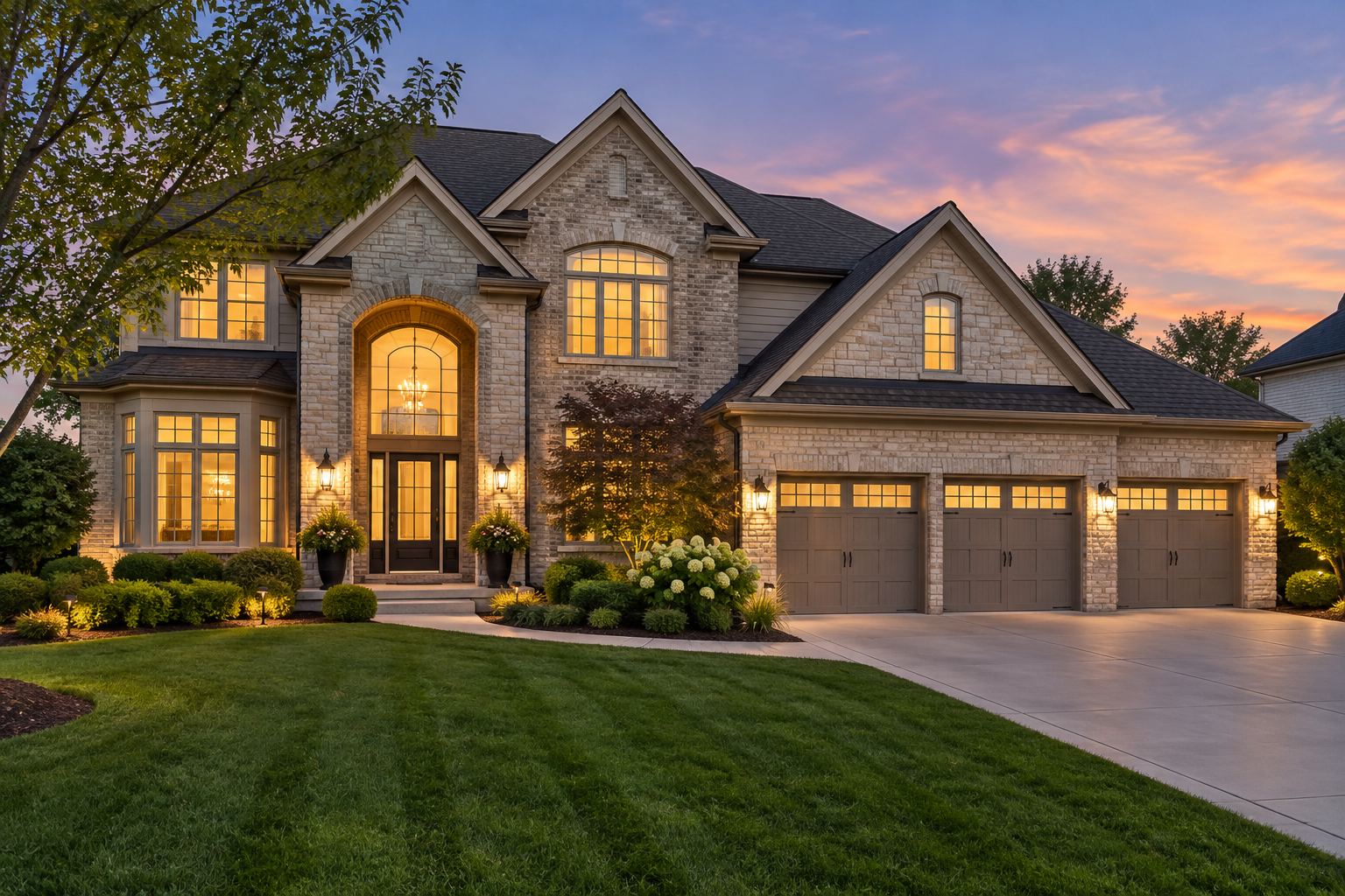 A western Chicago suburb home exterior at dusk, illustrative
