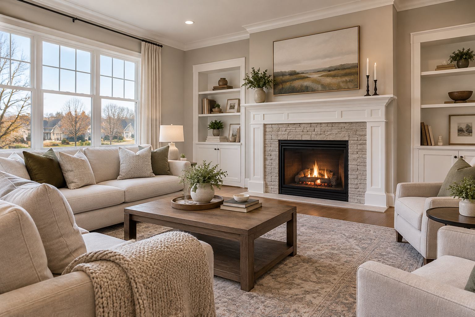A cozy western Chicago suburb living room, illustrative